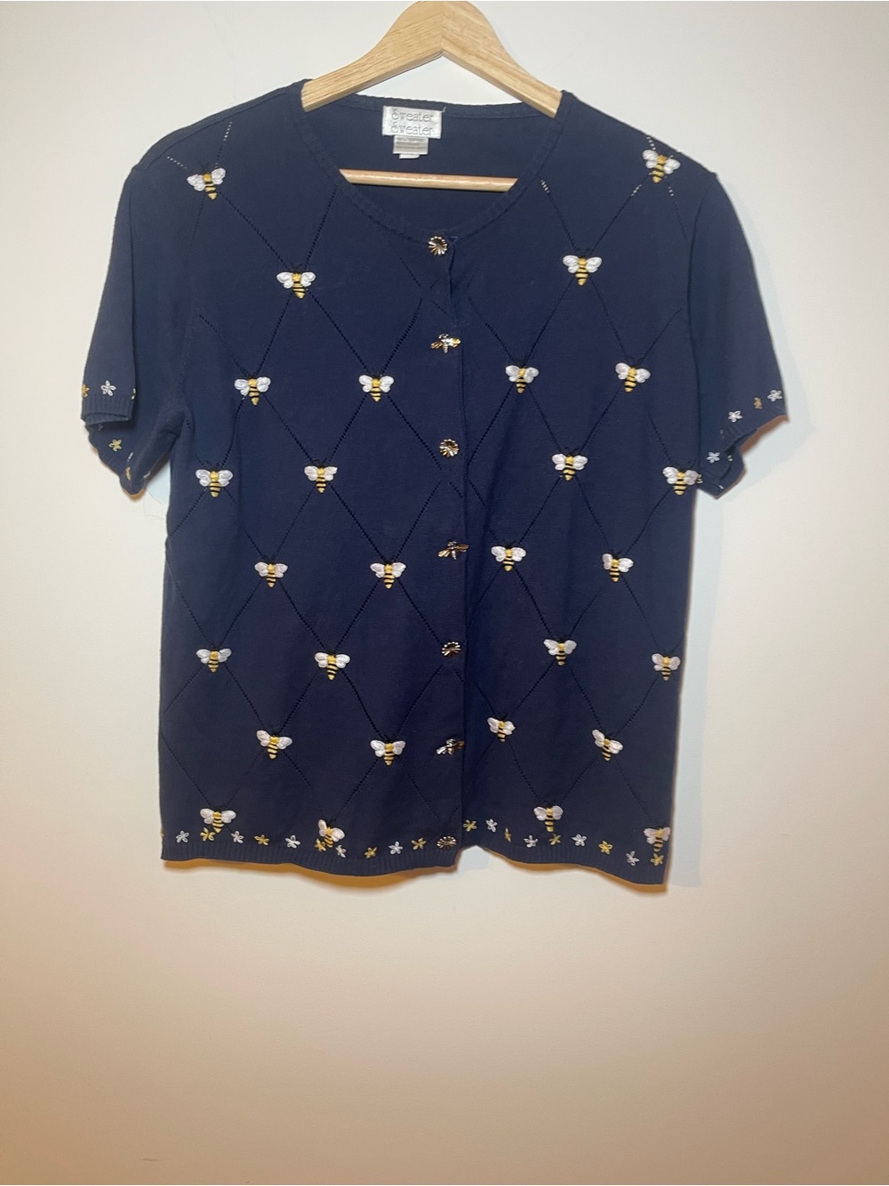 Sweater Sweater Vintage Navy Bee Embroidered Short Sleeve Cardigan